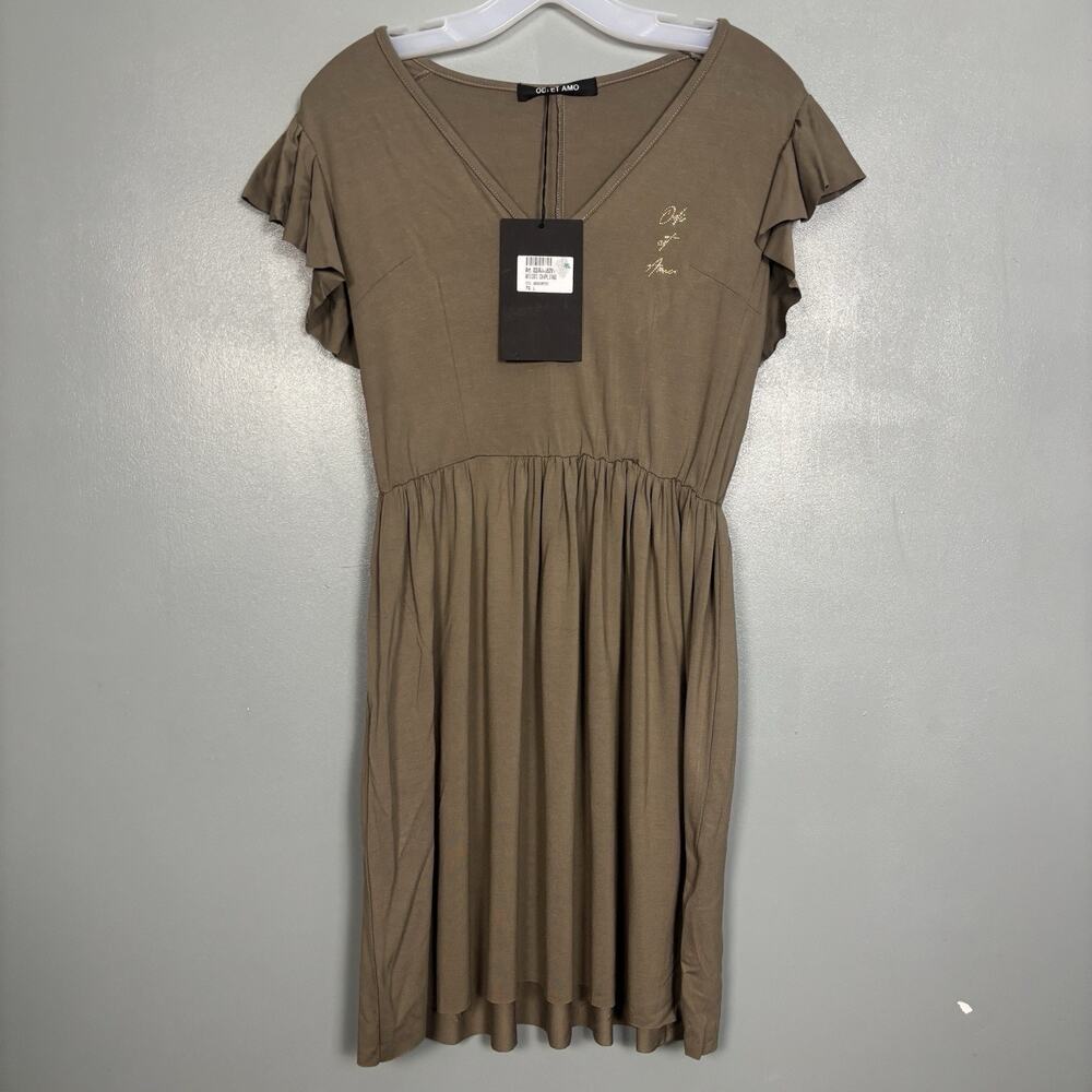 NWT ODI ET AMO Women’s V Neck Short Natural Tone Dress Large Bedazzled New Tags